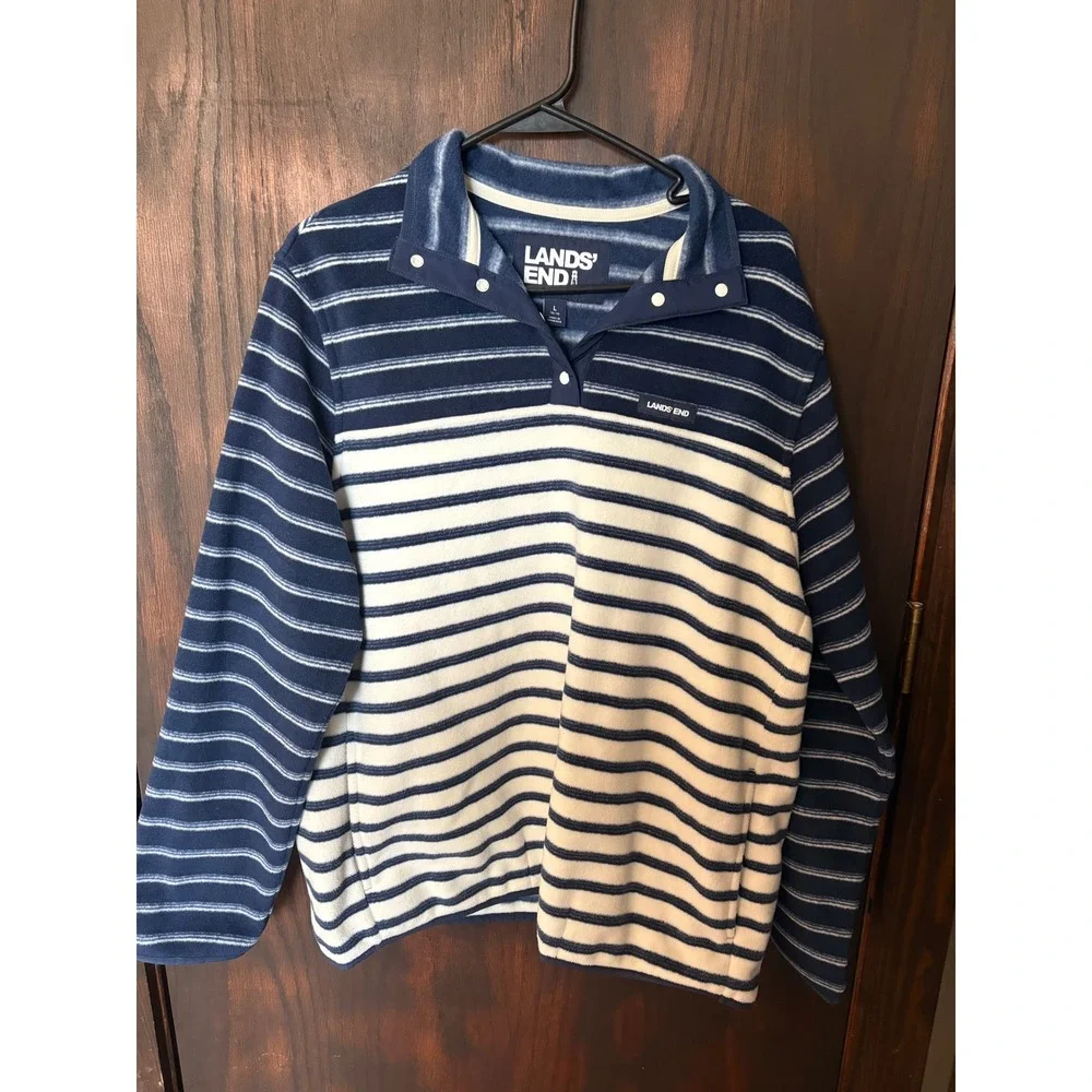 Lands End Womens Navy White Striped Fleece Snap Neck Pullover Sweatshirt Large - Picture 1 of 6